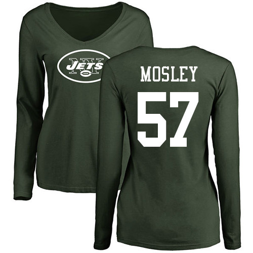 New York Jets Green Women C.J. Mosley Name and Number Logo NFL Football #57 Long Sleeve T Shirt->women nfl jersey->Women Jersey